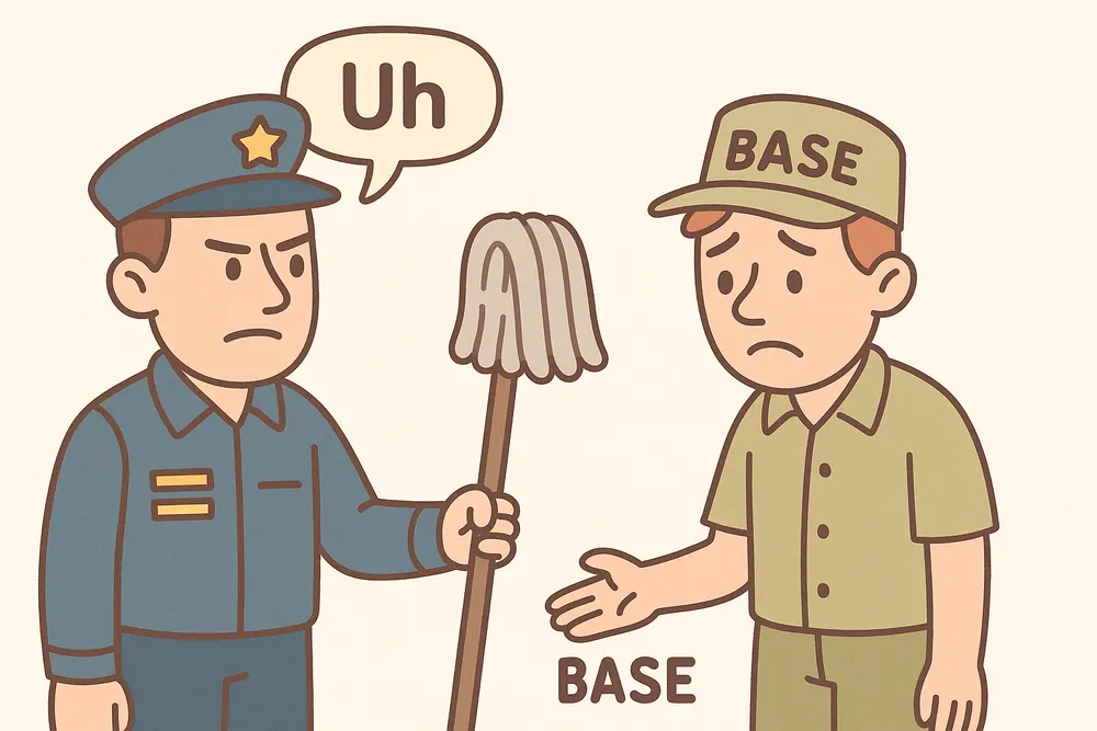 A guard being handed a mop for base duty, a mnemonic for abase