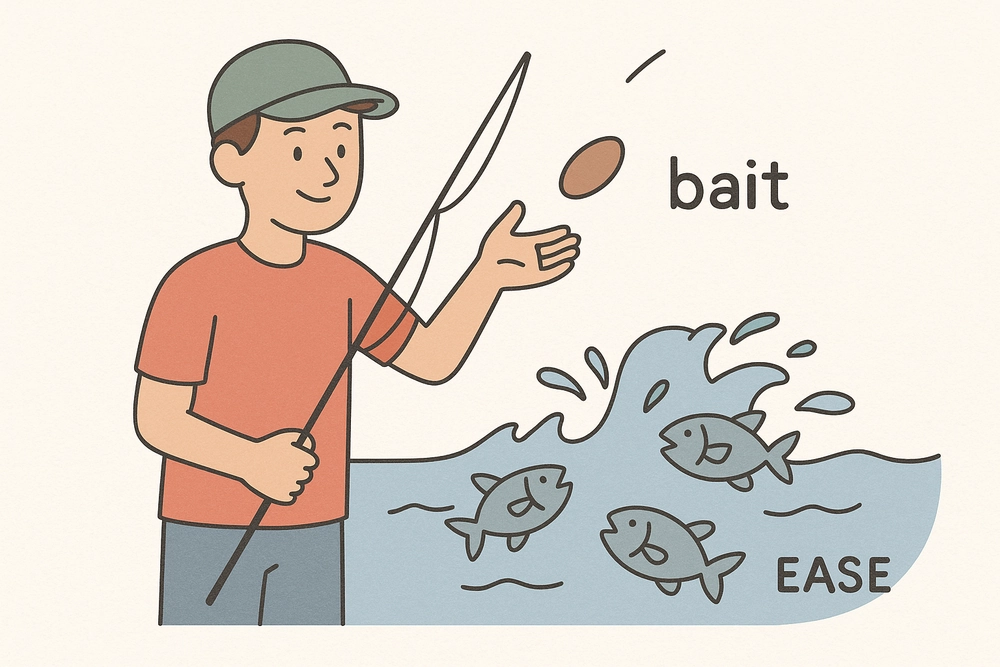 Fish calming after bait is tossed into a pond, a mnemonic for abate
