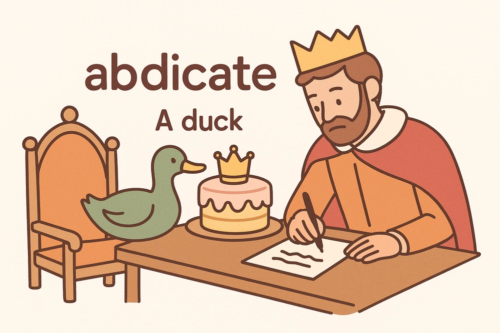 A duck eating a crown-shaped cake beside a ruler, a mnemonic for abdicate