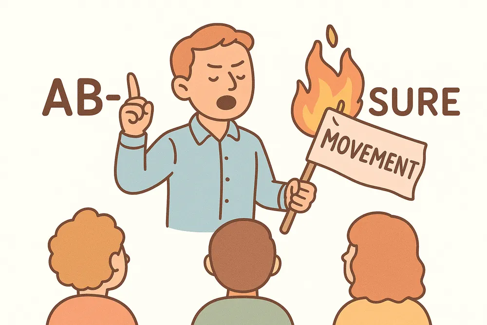 A person lowering a banner before a crowd, a mnemonic for abjure