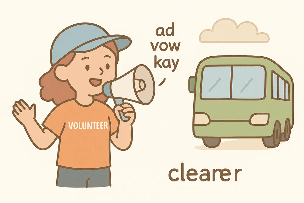 A volunteer adding her voice in support of cleaner buses, a mnemonic for advocate
