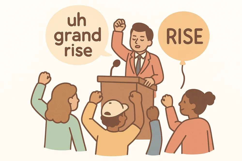 A leader rising grandly above a chanting crowd, a mnemonic for aggrandize
