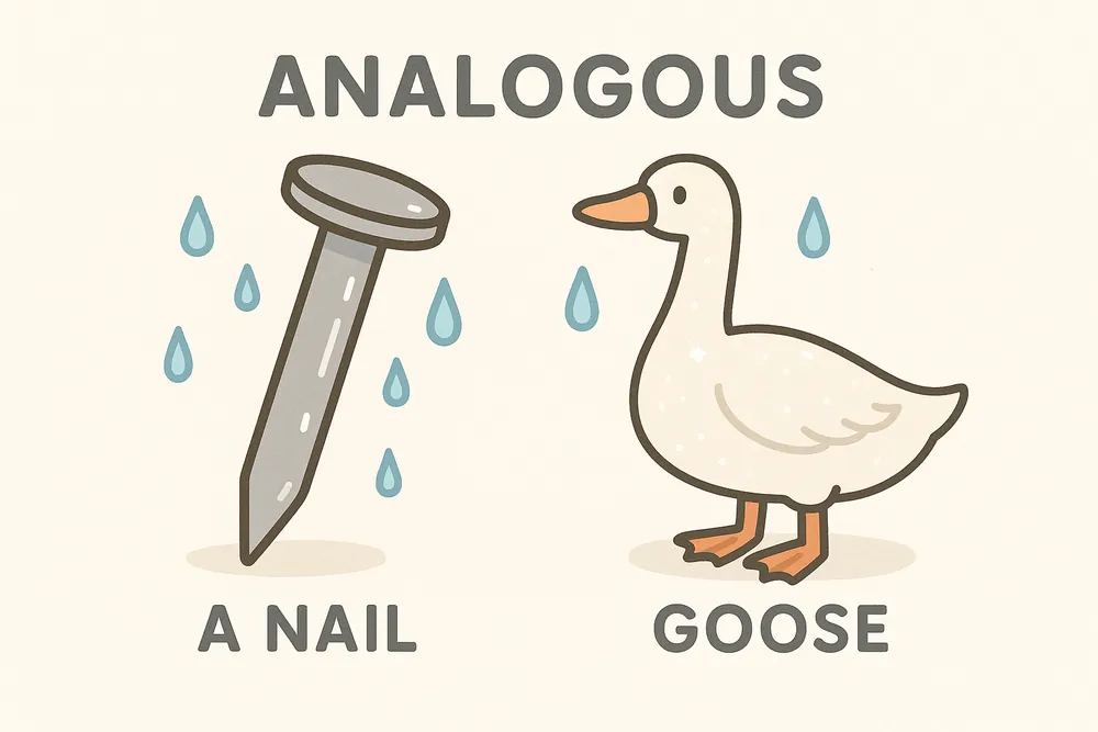 A nail and a goose sharing the same rain-soaked gleam, a mnemonic for analogous