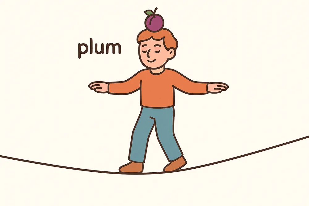 A calm tightrope walker balancing a plum, a mnemonic for aplomb
