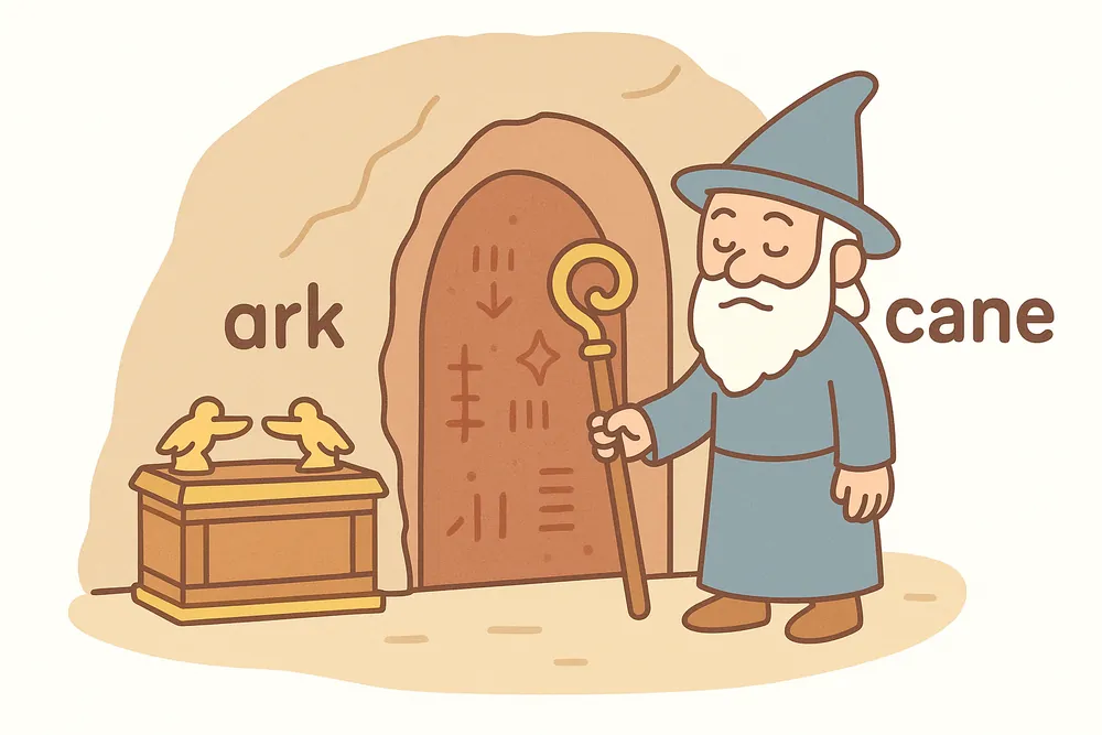 A cane opening a hidden ark chamber with obscure symbols, a mnemonic for arcane