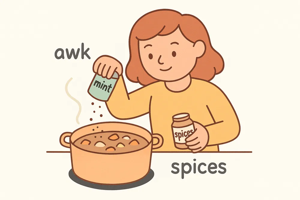 Mint and vegetables being added to enlarge a meal, a mnemonic for augment