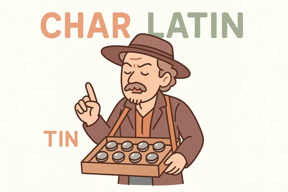 A fraudulent salesman offering glittering tin pills, a mnemonic for charlatan