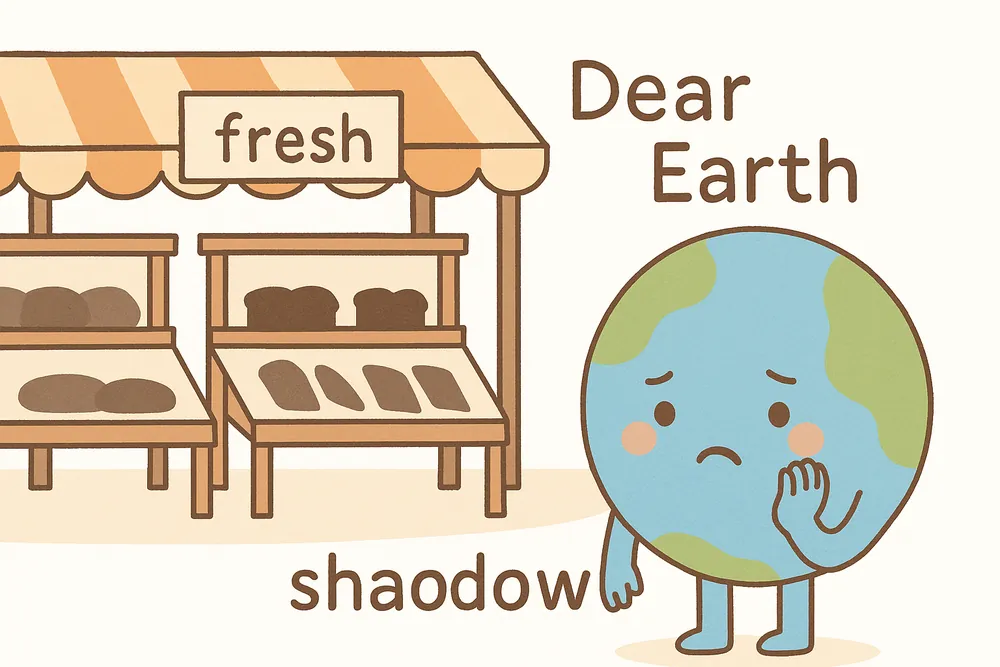 Empty market stalls beneath a letter to dear Earth, a mnemonic for dearth
