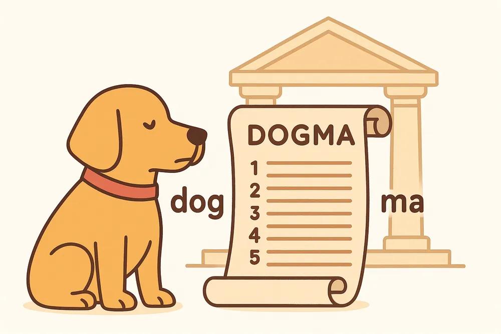 A dog guarding an unquestionable rule scroll, a mnemonic for dogma