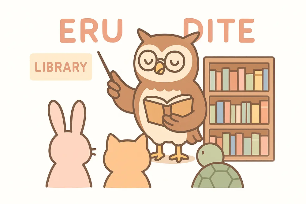 A scholarly owl citing books in an airy library, a mnemonic for erudite