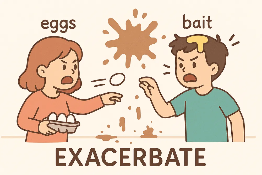 Eggs used as bait making an argument messier, a mnemonic for exacerbate