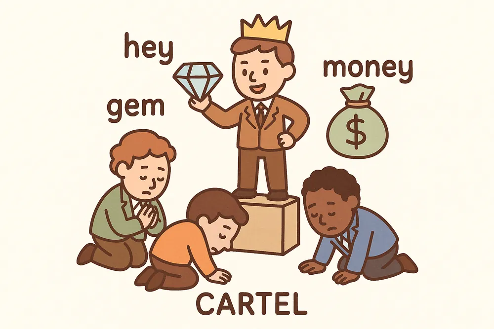 One cartel controlling all gems and money in a market, a mnemonic for hegemony