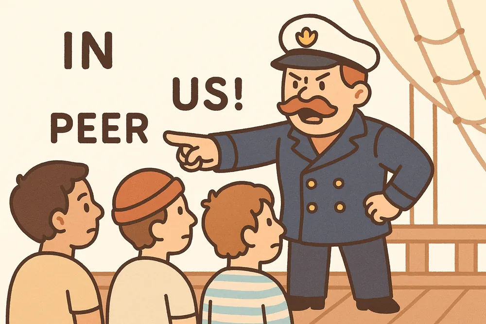 A domineering captain shouting commands at a crew, a mnemonic for imperious