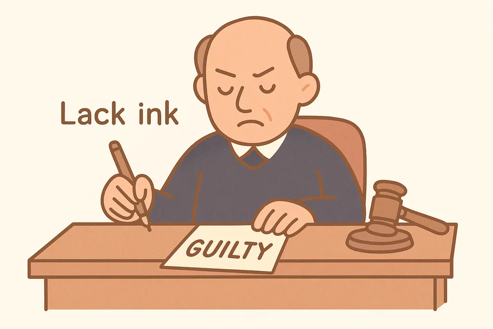 A nearly inkless pen producing a one-word verdict, a mnemonic for laconic