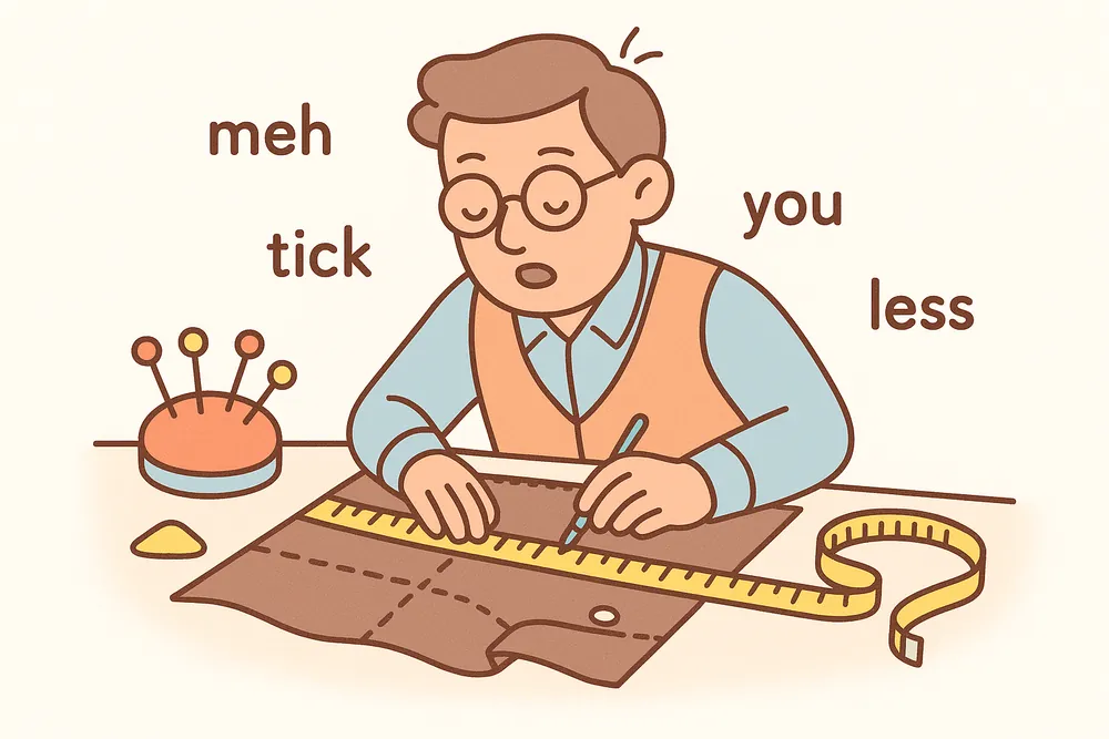 A tailor measuring every thread and seam repeatedly, a mnemonic for meticulous