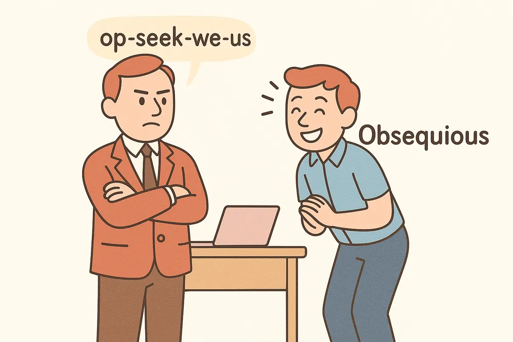 A worker following and flattering a boss excessively, a mnemonic for obsequious