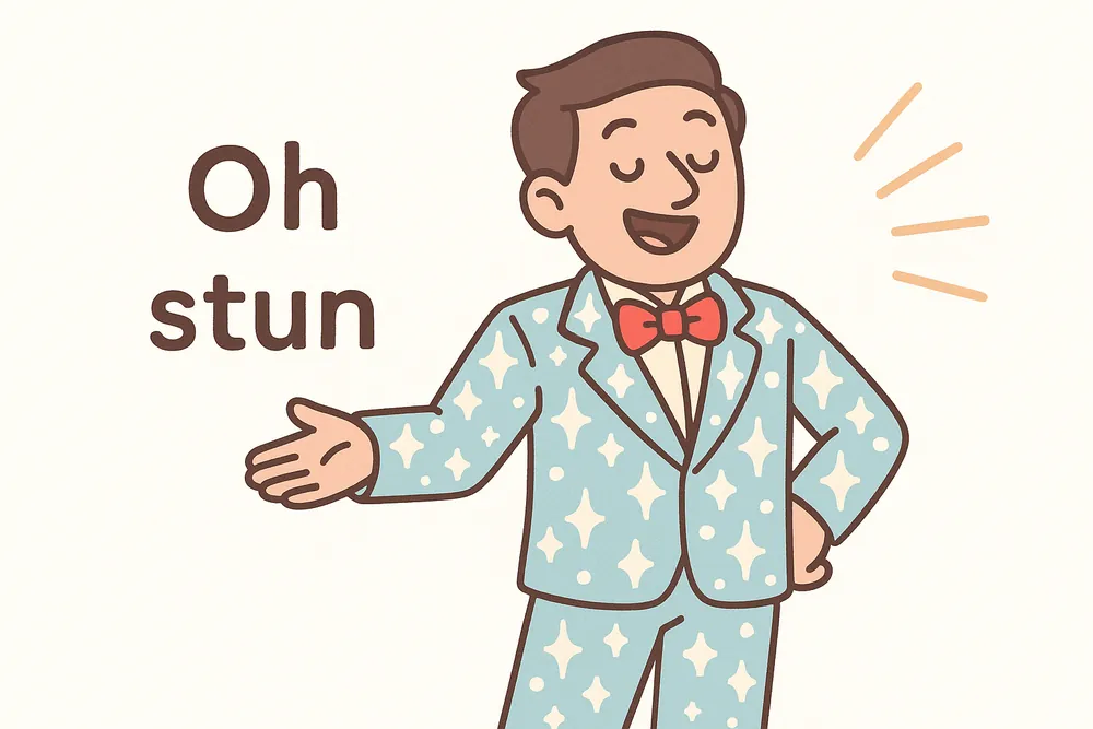 A person displaying a dazzling rhinestone suit for applause, a mnemonic for ostentatious