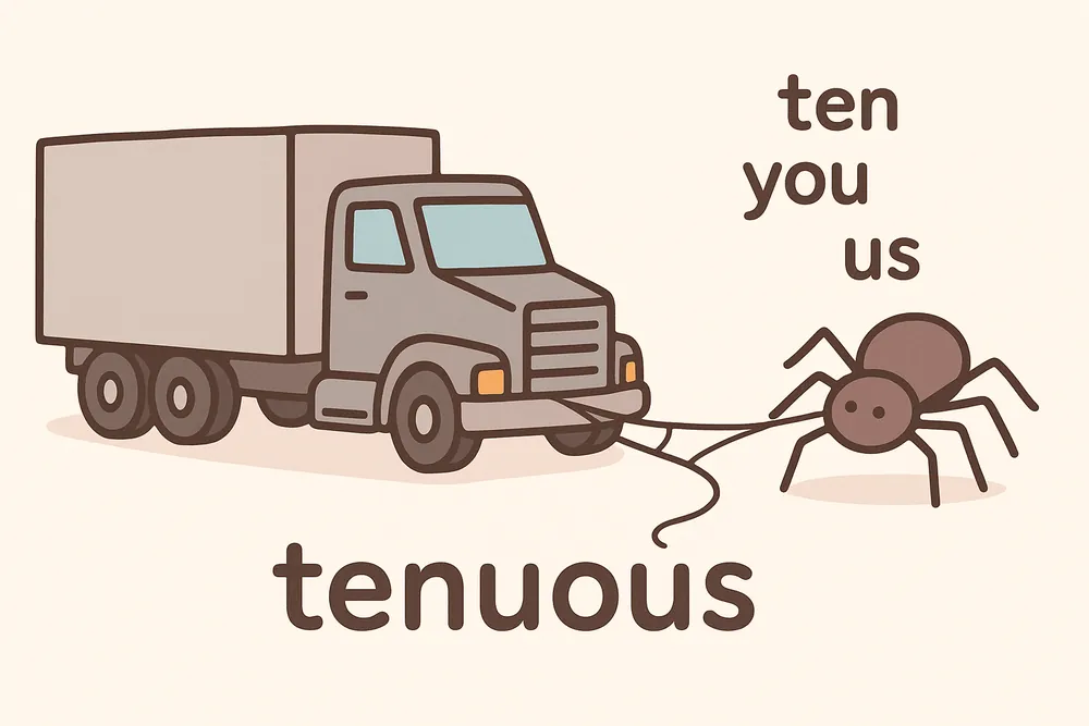 Ten people towing a truck with a fragile thread, a mnemonic for tenuous