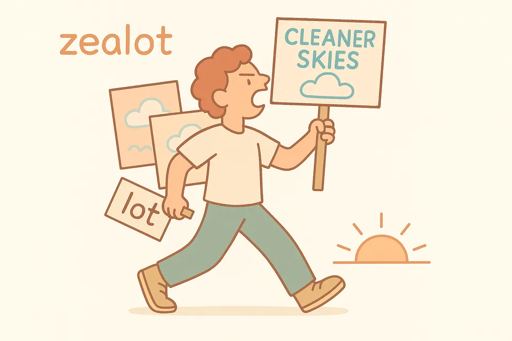 A marcher carrying an excessive lot of campaign posters, a mnemonic for zealot